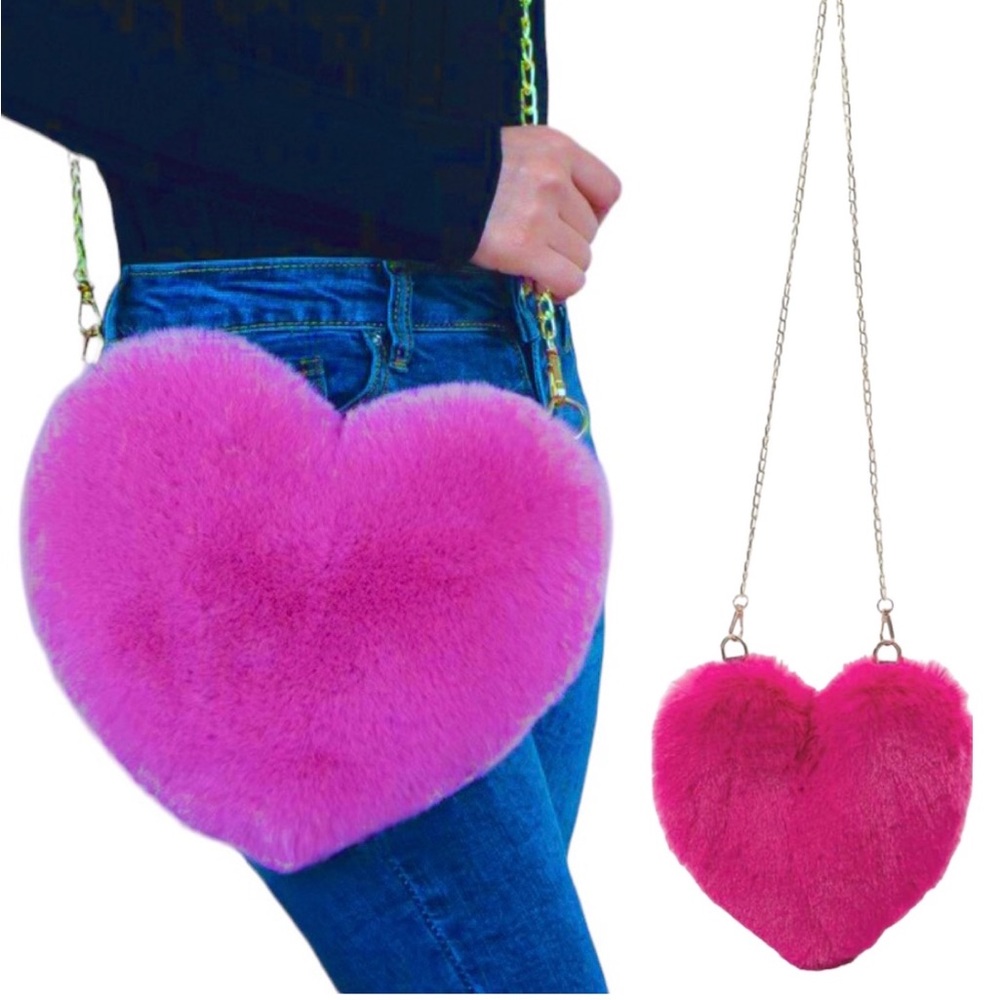 Heart Shaped Faux Fur Fuzzy Fluffy Crossbody Bag - Hot Barbie Pink Zipper Gold